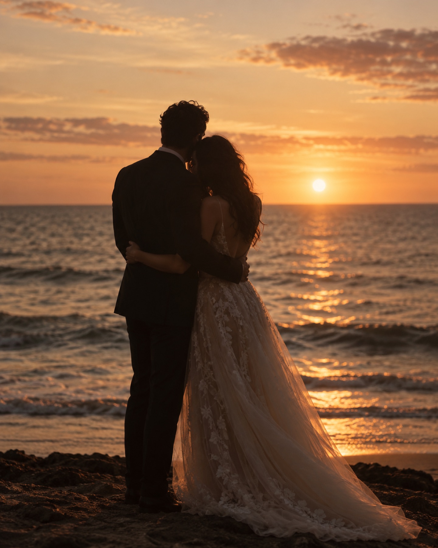 O casal abraçado ao pôr do sol